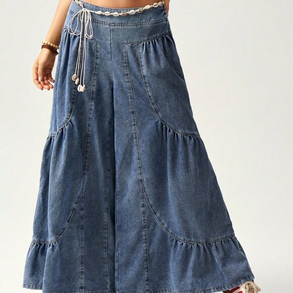 blue Casual Women's Patchwork Loose Wide Leg Jeans - Picture 3 of 8